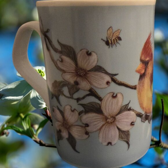 Garden Birds Mug By Maria Ryan Cardinals Dogwood Branch Bee Inhesion Porcelain - Picture 5 of 8